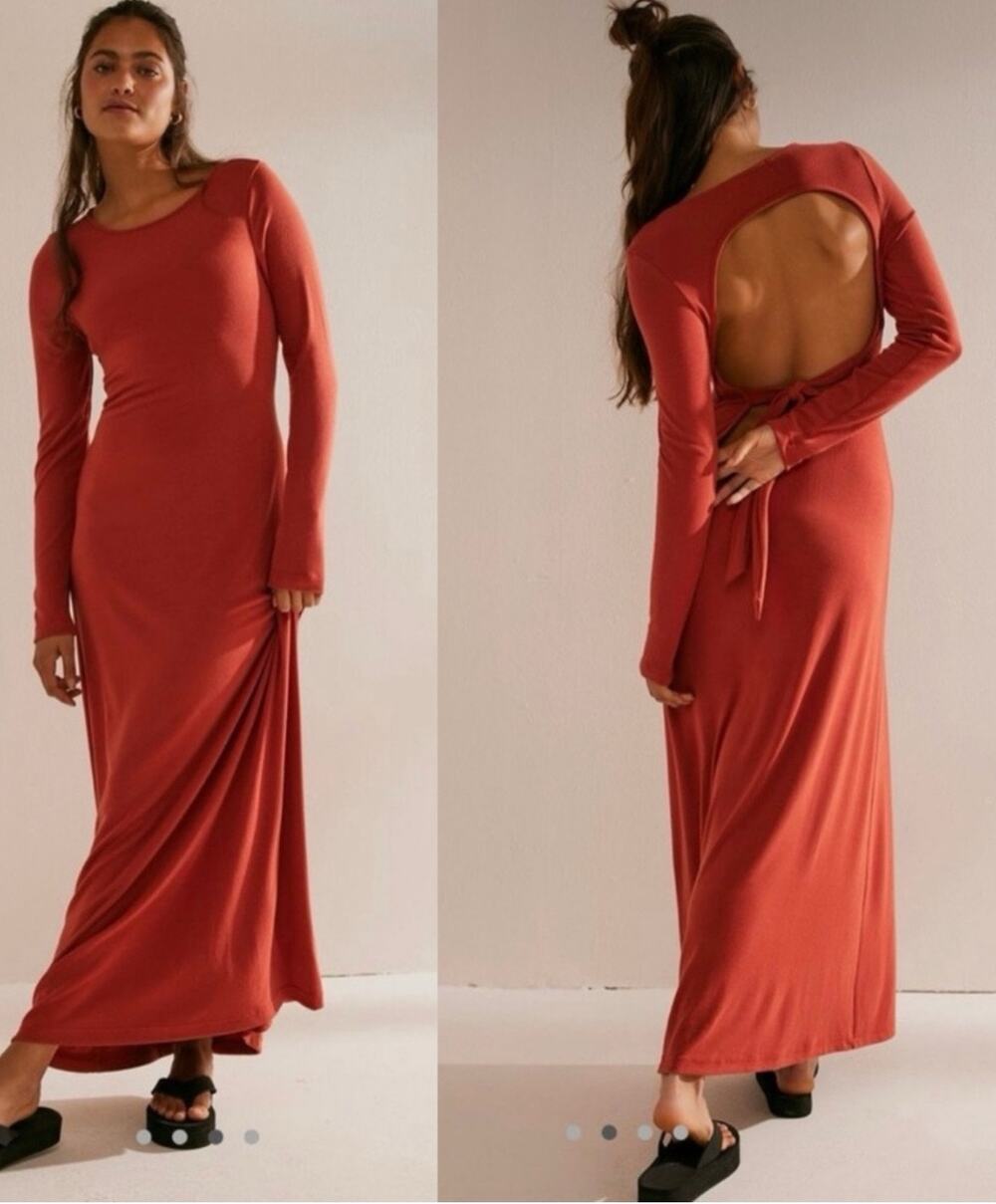 Free People Beach Burnt Orange Long Sleeve Backless Body-Con Maxi Dress Small